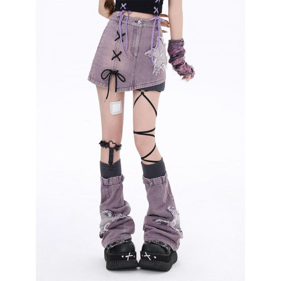 Niche Personality Purple Sweet Cool Star Star Asia High Waist Slimming All-match Skirt Denim Short Skirt Leg Set Two-piece Set