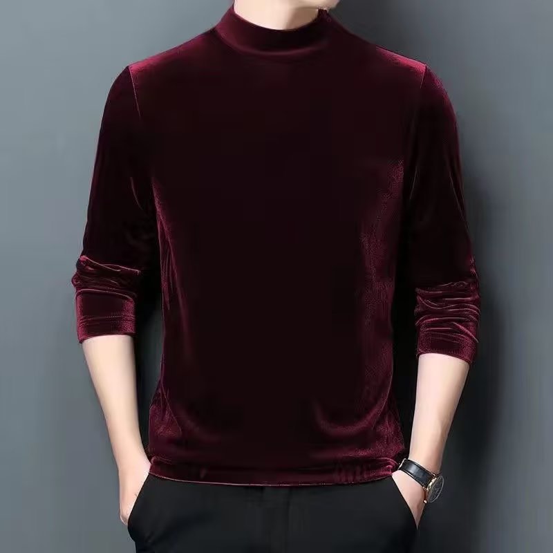 Men's New Velvet Thin Sweatshirt, Half-High Collar Base Shirt, Thickened Thermal Underwear, Pullover Long-Sleeve T-Shirt