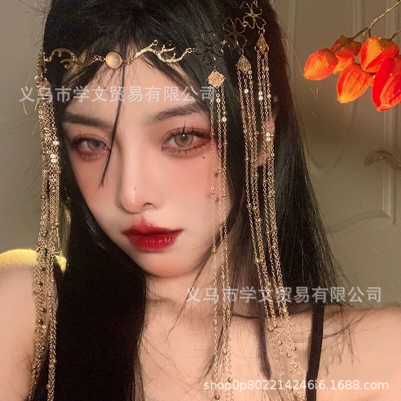 Ancient-Style Exotic Hair Accessory with Gold Chain Tassels for Hanfu, Featuring a Face Curtain and Forehead Ornament