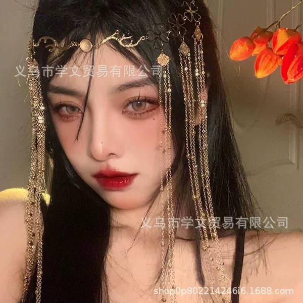 Ancient-Style Exotic Hair Accessory with Gold Chain Tassels for Hanfu, Featuring a Face Curtain and Forehead Ornament
