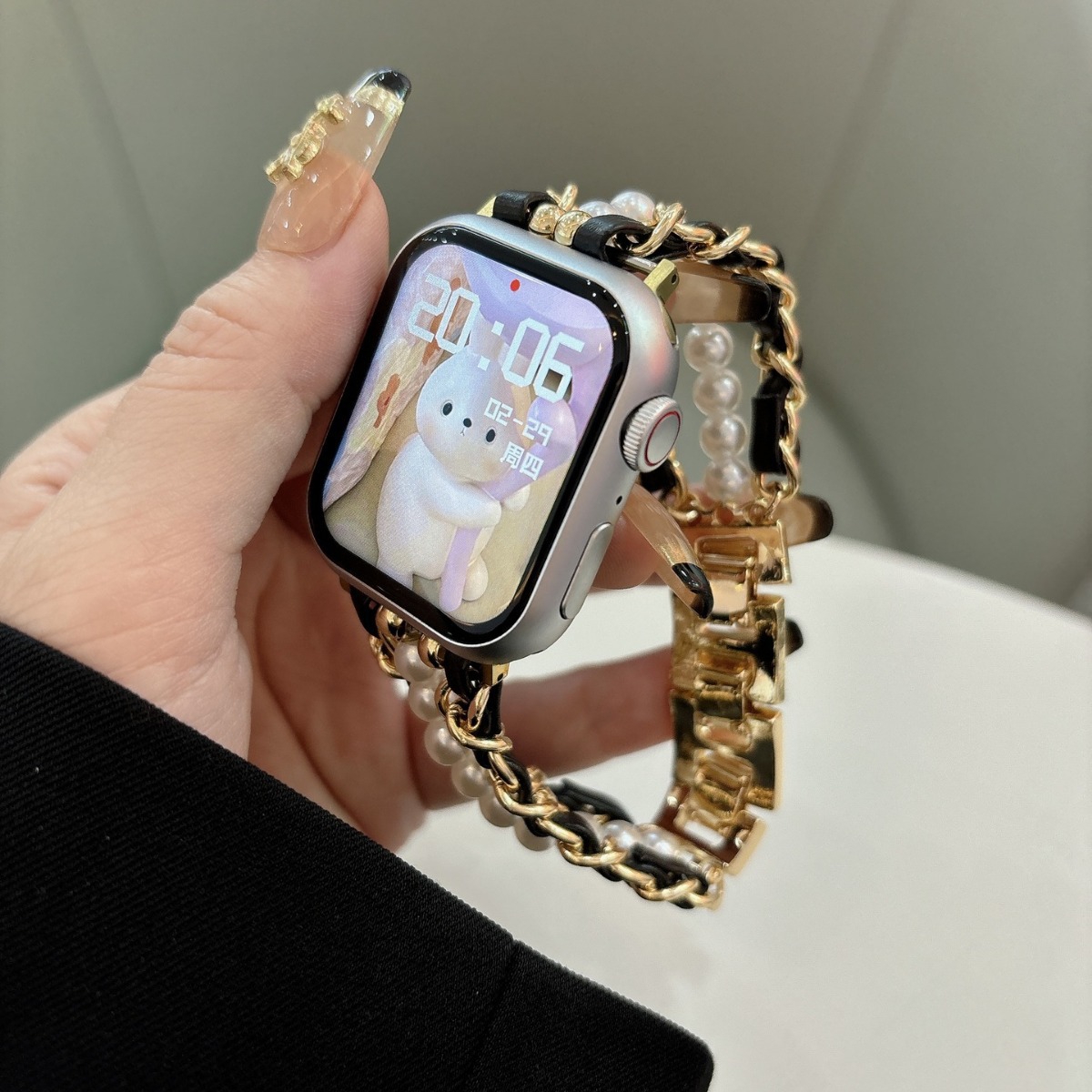 Suitable for Apple Applewatch Small Fragrance Style Pearl Leather Strap iWatch Bracelet Fashion Watch Strap
