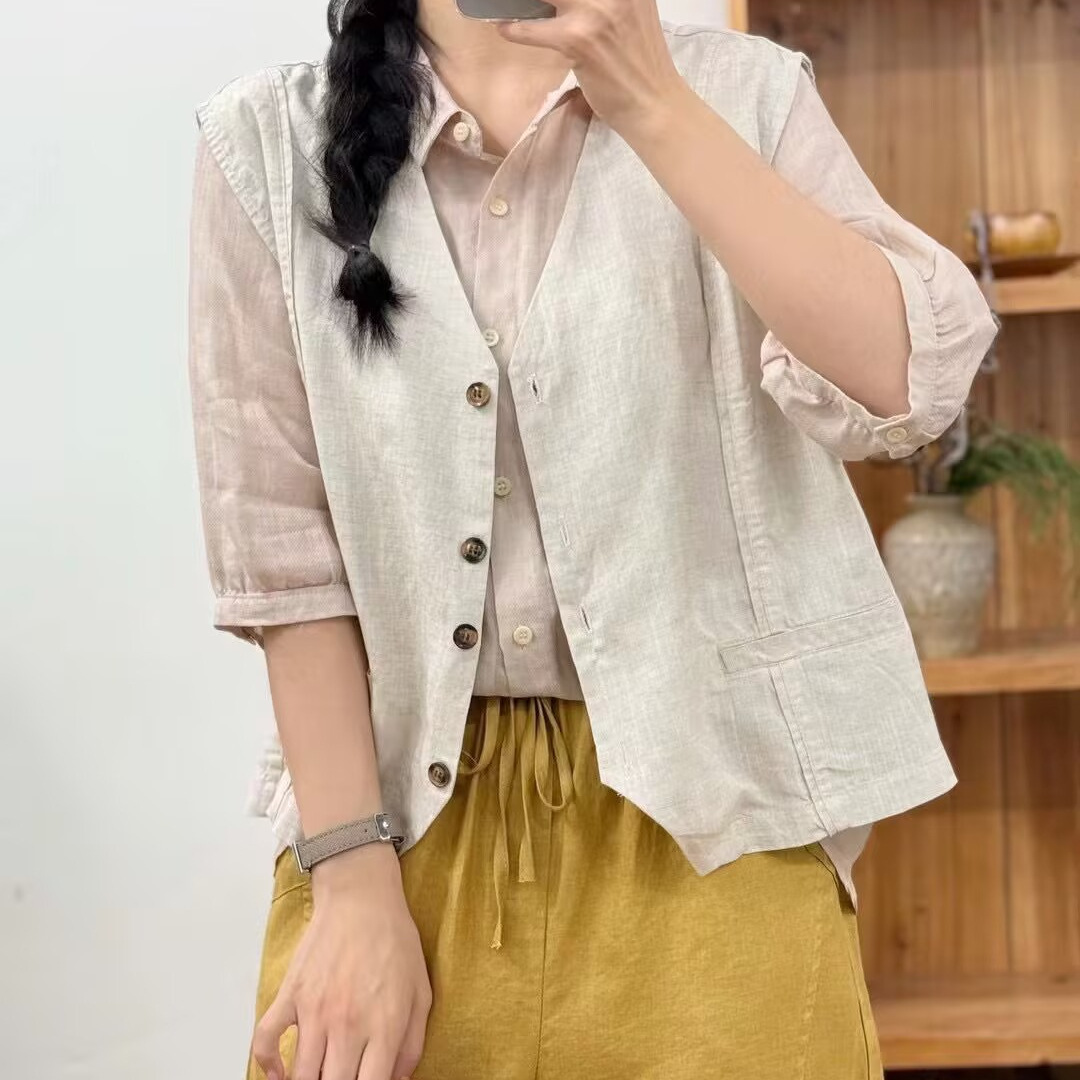 Retro Sand-Washed Vest Women's Summer Loose Outer Sleeveless Cardigan Vest Jacket Top