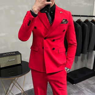 Double-Breasted Men's Three-Piece Slim-Fit Suit British Style 10-Color Suit Young Men's Nightclub Formal Wear