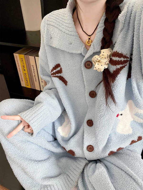 甜美慵懒风卡通白鸽半边绒睡衣女新款冬季大码针织家居服套装ins|undefined