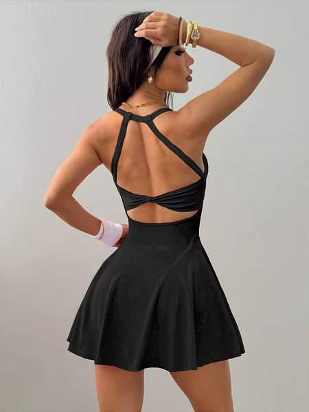 New Cross-Border Sexy Backless One-Piece Tennis Dress with Chest Pads and Anti-Exposure Lining, Yoga Fitness Sports Short Skirt for Women