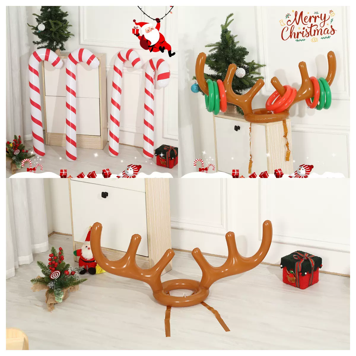 圣诞充气道具组合鹿角套圈游戏玩具红白拐杖装饰节日派对布置道具
