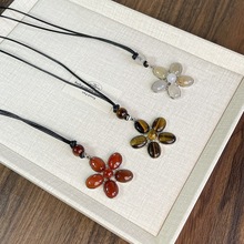 夸张重工天然虎眼石红玛瑙花朵吊坠项链女轻奢复古高级长款毛衣链