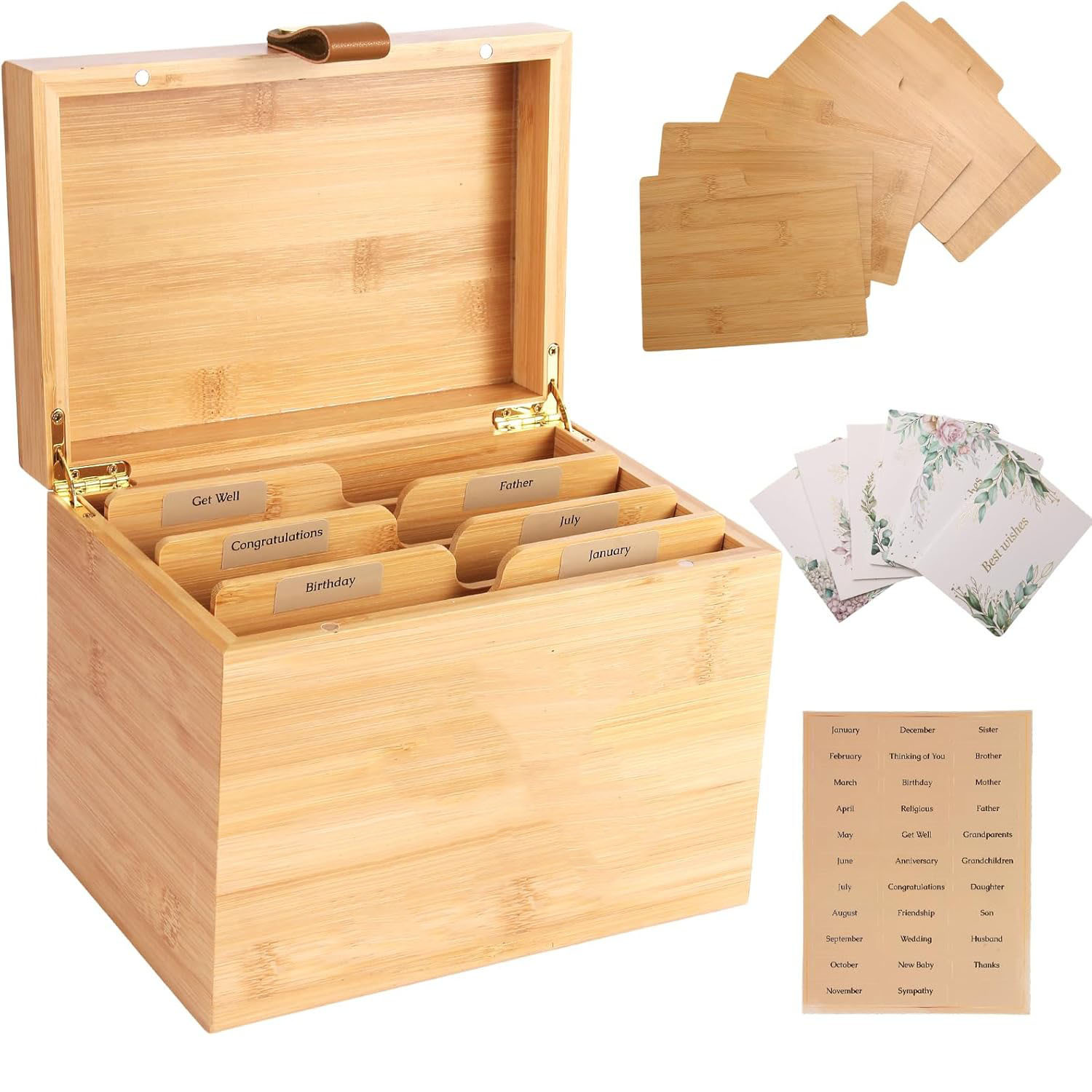 Large American-Style Bamboo Recipe Box with 2 Detachable Dividers, Genuine Leather Handle, 100% Handmade, Multifunctional, Portable