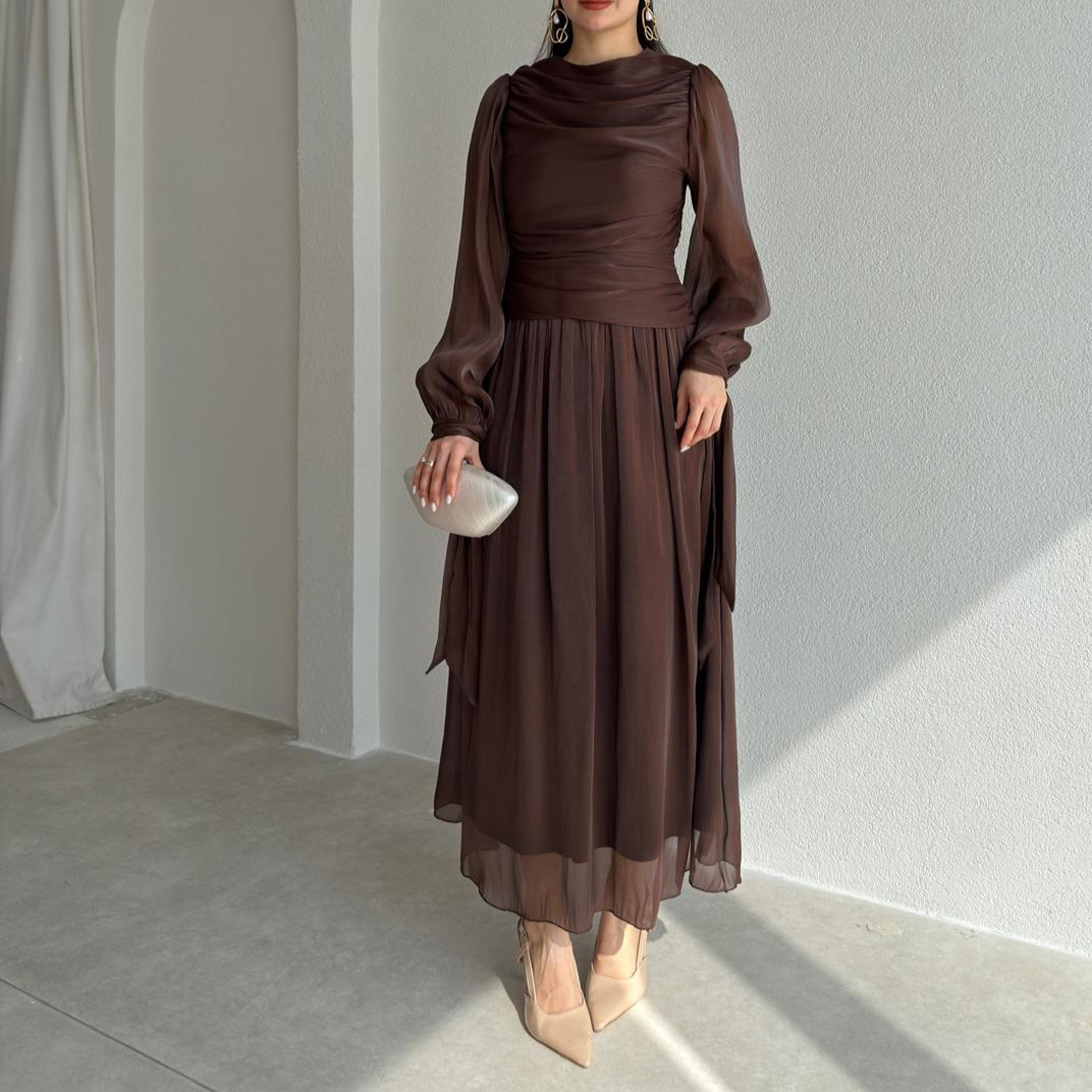 Qadın uzunqol A-xətli retro paltar, dəyirmi boyun