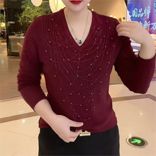 一件代发2026早春新款时尚洋气V领烫钻纯色弹力网纱百搭打底衫女