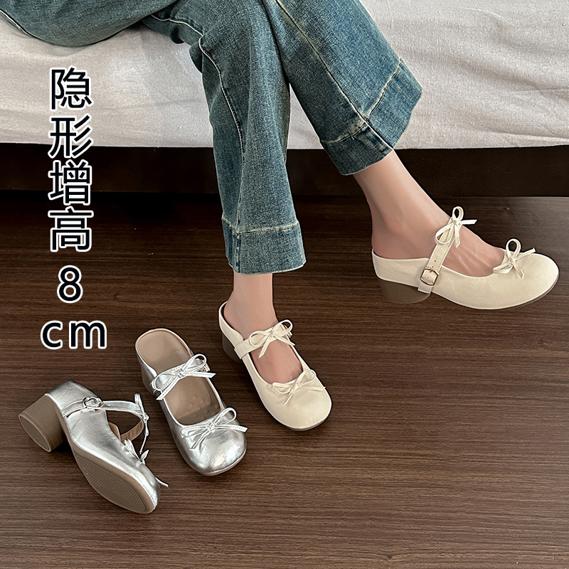 8cm内增高~真皮法式蝴蝶结包头半拖鞋女外穿粗高跟一脚蹬穆勒凉拖