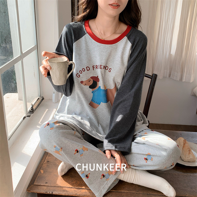 Spring and Autumn Pajamas Long-Sleeved Cartoon Cute Outer Wear Home Clothes New Suit Pants Autumn and Winter Fashion Casual Can Be Worn Outside