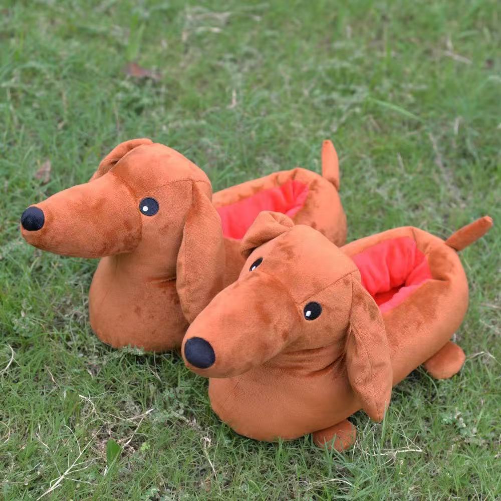 跨境新品 Dachshund plush slippers腊肠犬居家卧室冬季毛绒拖鞋
