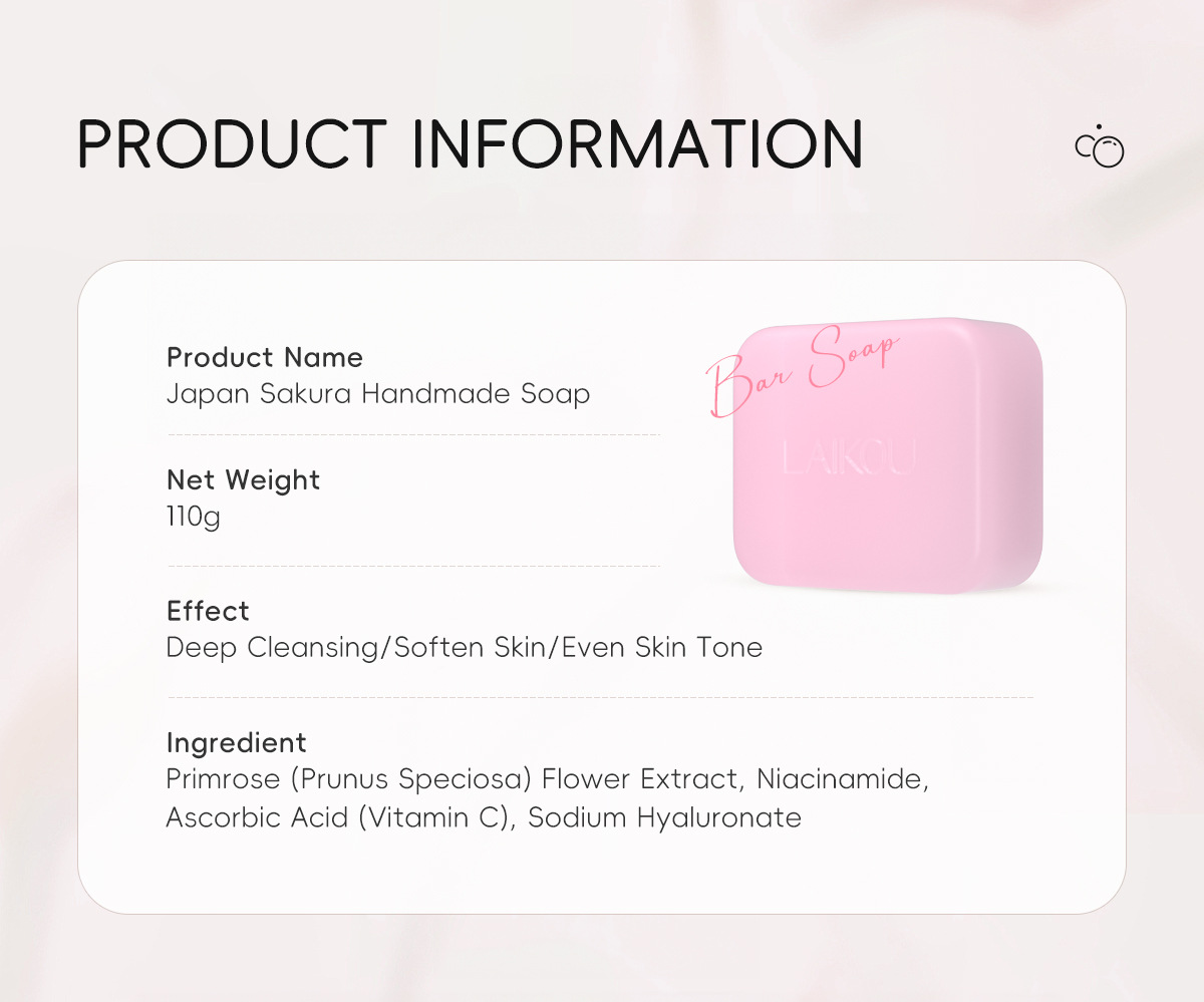 The new cross-border product LAIKOU Moisturizing and Cleaning Cherry Blossom Handmade Soap 110g is in stock and available for wholesale from the manufacturer. It comes in English packaging undefined