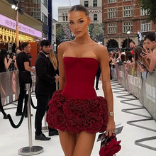 爆款红色黑色白色性感裹胸紧身绷带迷你短裙连衣裙花瓣装饰绑带后