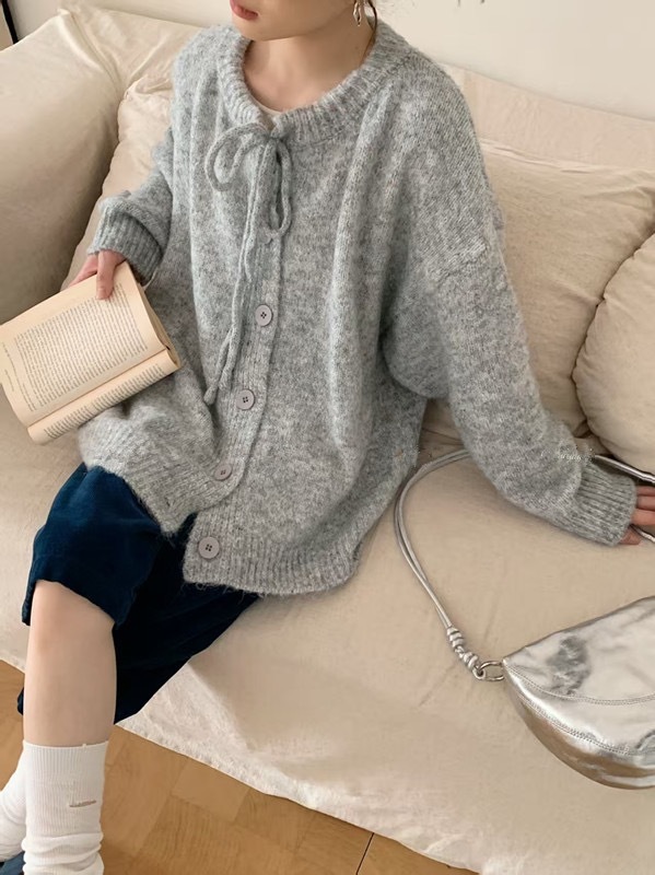 蝴蝶结紫色毛衣开衫女秋冬新款系带花毛线大码宽松慵懒风针织外套|undefined