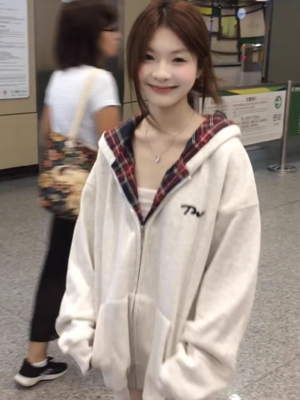 美式复古格子连帽卫衣女春秋oversize薄款外套宽松慵懒风开衫上衣|undefined