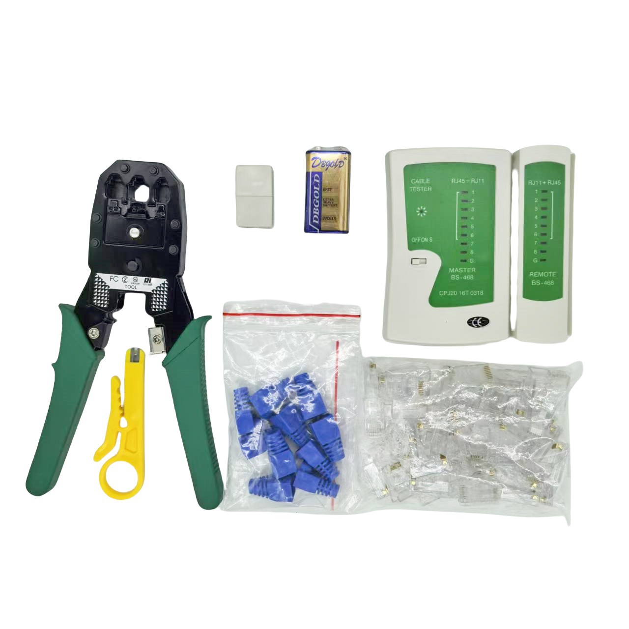 Net clamp tester 50 cristal cabeza alambre stripper vaina Butt herramienta de red conjunta 7 piezas combinación traje de cartón