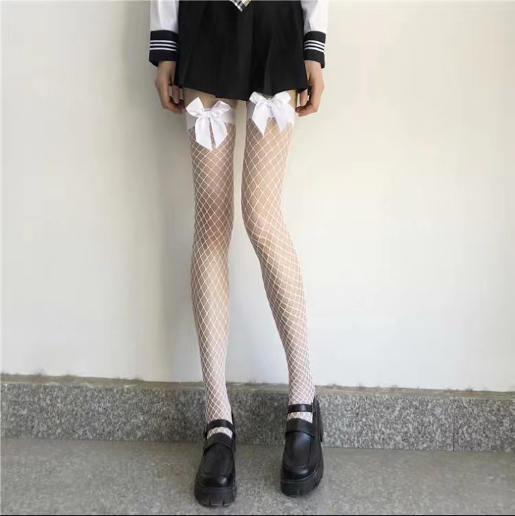镂空蝴蝶结长筒袜日系网眼纯欲ins打底袜jk学生袜子暗黑萝莉