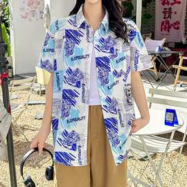 海边度假风短袖花衬衫女夏威夷ins超仙沙滩衬衣复古港风宽松上衣