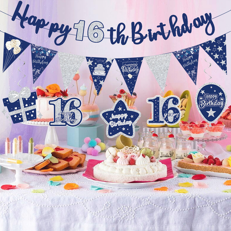 Amazon 新しい 16 歳と 21 歳のインクブルーのテーマ 1 歳のギフトパーティー パーティー ペナント バナー装飾|undefined
