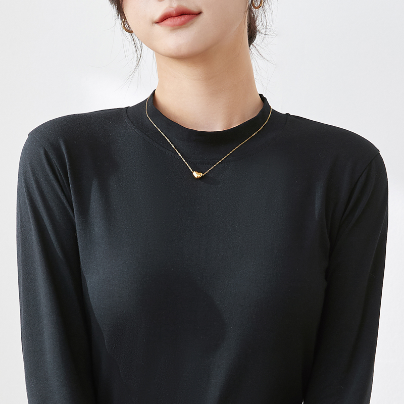 면 하프넥 여성용 긴팔 티셔츠, 가을 겨울 이너웨어, 롱 스타일, 얇은 가을옷, 블랙 상의, 다용도 긴팔