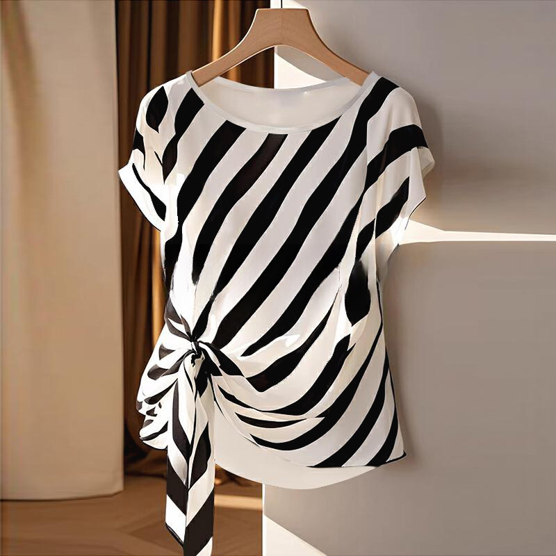 Cross-Border Export Factory Independent Station European and American 2025 New Women's Tops Short-Sleeved Round Neck Strap Stripesd Women's T-Shirt