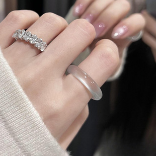 Seiko Horse Material High Ice White Moonlight Chalcedony Ring White Ice Translucent Niche Original Summer Ancient Style Accessories for Women