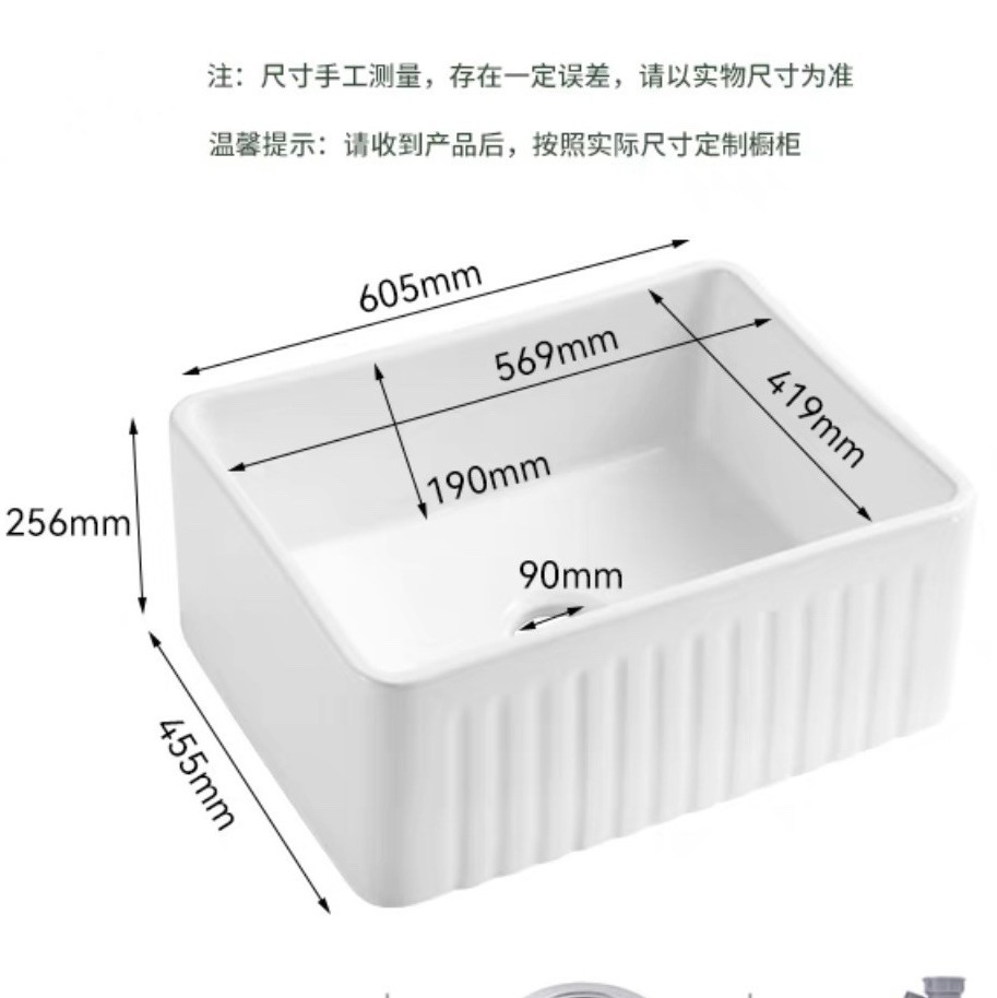 Cocina americana retro fregadero de cerámica de tierra refractaria grande fregadero de un solo tanque blanco versión frontal lavabo empotrado fregadero