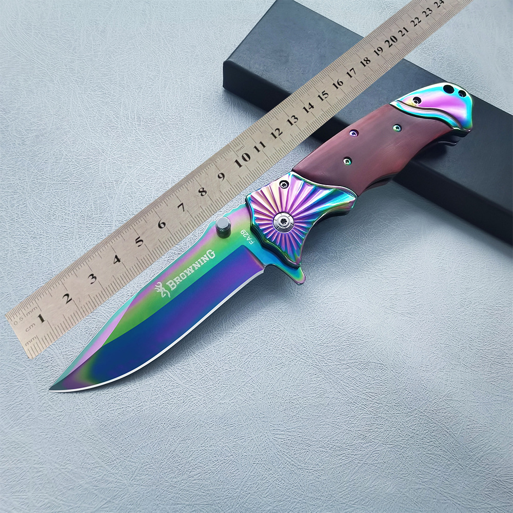 户外防身应急小刀彩钛不锈钢木柄小刀携带折叠刀精美水果刀