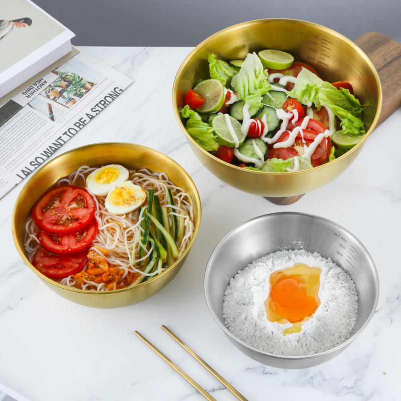 Venta al por mayor de fideos fríos de estilo coreano comercial de acero inoxidable ensaladera tazón de ensalada de frutas y verduras con escala de mezcla de Corea del Sur