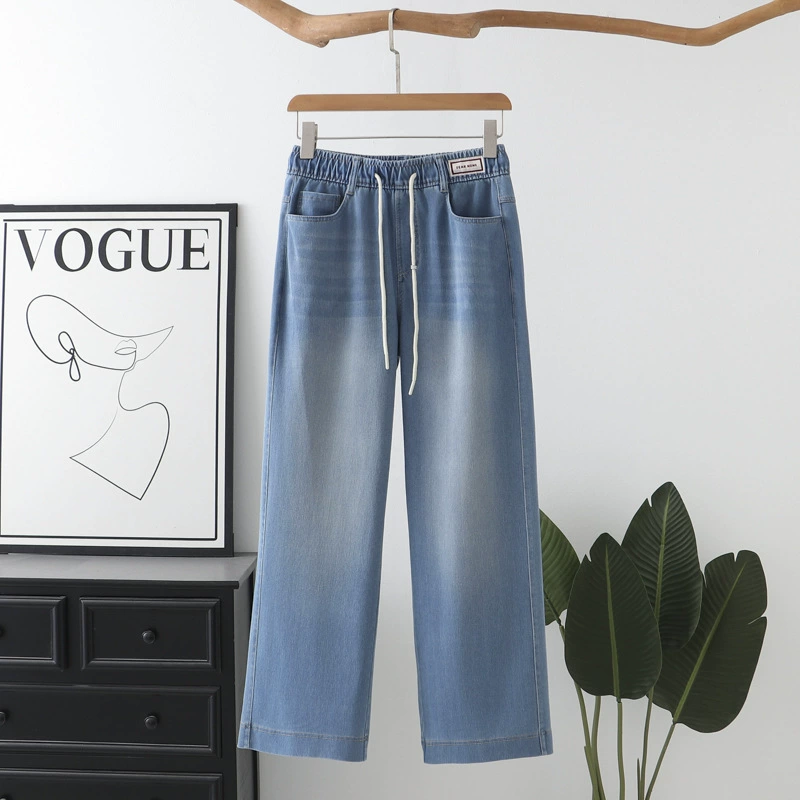 Летние новые джинсы большого размера с широкими штанинами для женщин, полный эластичный шнурок, универсальные утягивающие джинсы для полных, модель 1374