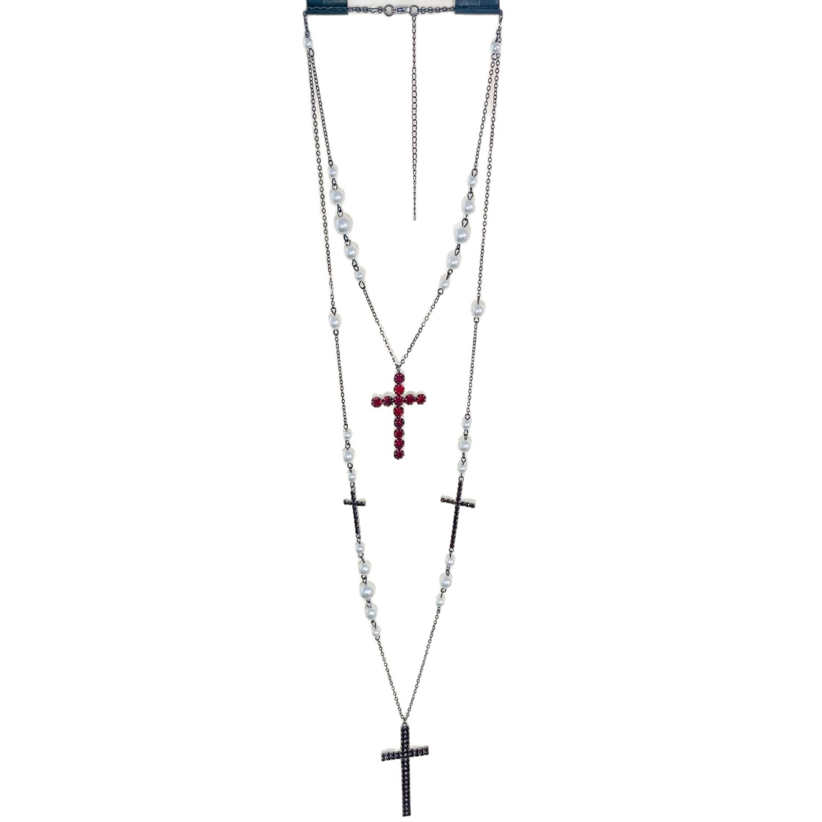Langes Perlenketten Collier Mit Kreuz Und Roten Diamanten_voghion.com