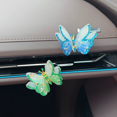 screen decoration, Car ornaments - 2-diamond-encrusted-3d-butterflies-blue-green-with-adhesive