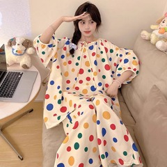 カラーの波の大きいサイズのゆったりしたパジャマの女性の新型の春と秋のカジュアルな長袖のズボンの部屋の服のスーツの夏