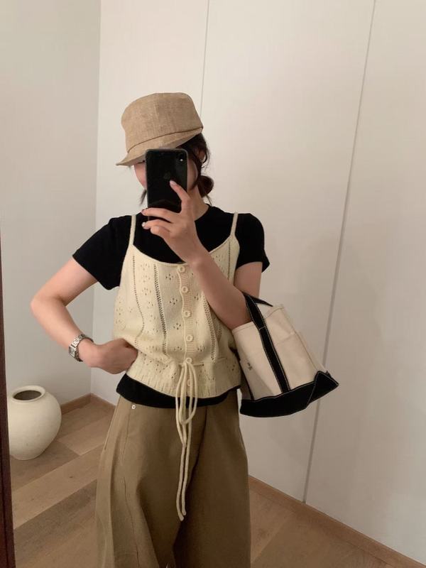 秋季韩系叠穿小清新简约镂空针织小吊带显瘦百搭女钩花G1424|undefined