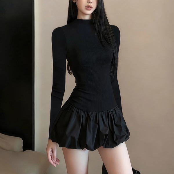 Autumn and Winter Women's New Korean Style Sexy Slim Long-Sleeved T-Shirt Spliced Short Dress Tutu Skirt Bottoming Little Black Dress