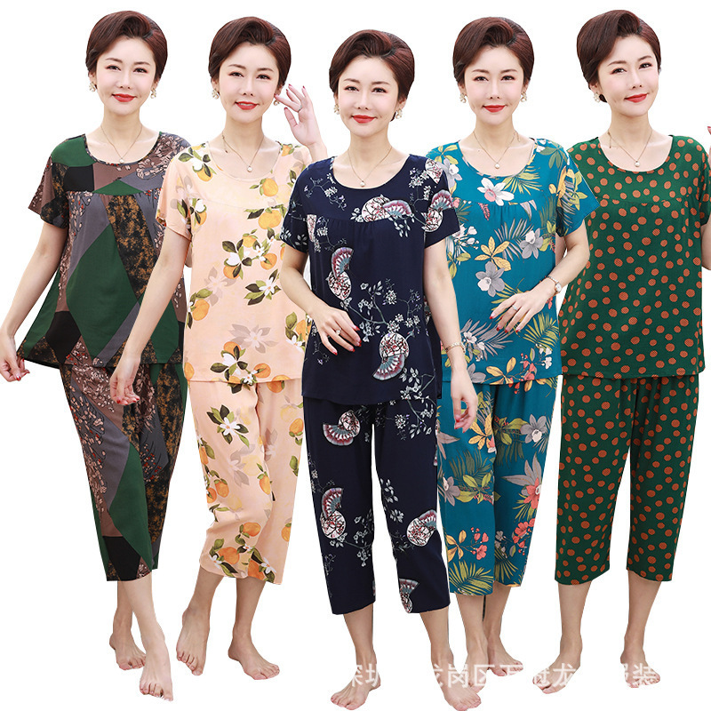 Mother's Summer New Style Cotton Silk Suit Large Size Grandma's Clothes for the Elderly Summer Short-sleeved T-shirt Middle-aged and Elderly Women's Clothing
