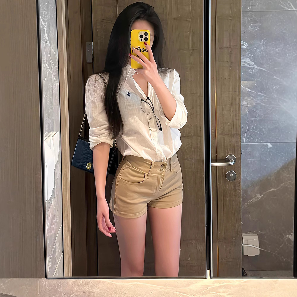 여성을위한 미국 카키색 하이 엔드 힙 높은 데님 반바지 2025 여름 새로운 패션 하이 웨이스트 슬림 피트 힙 팬츠