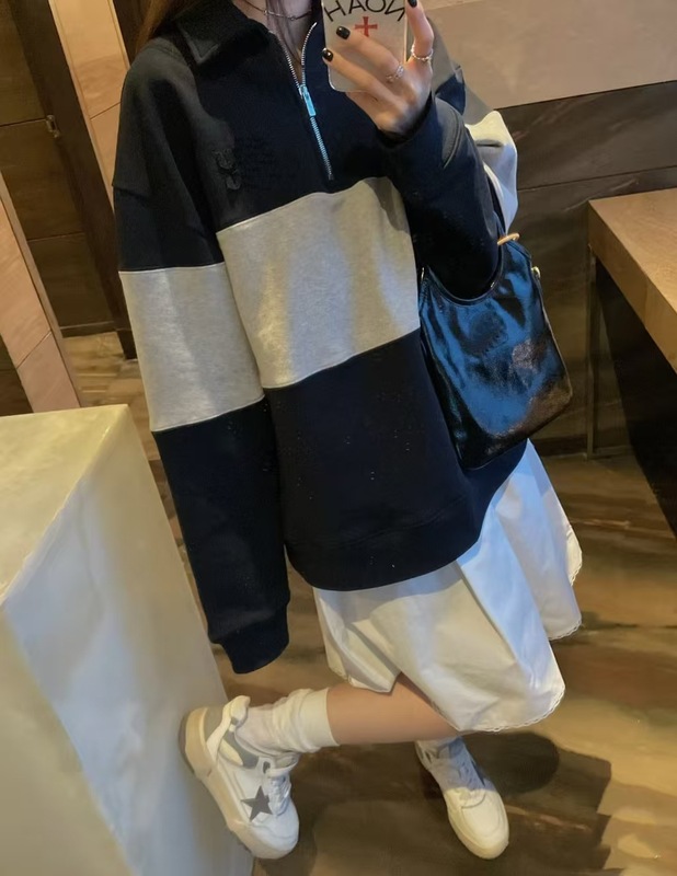 MM家秋冬贴布刺绣拼接撞色廓形半拉链卫衣男女同款polo宽松上衣潮|undefined