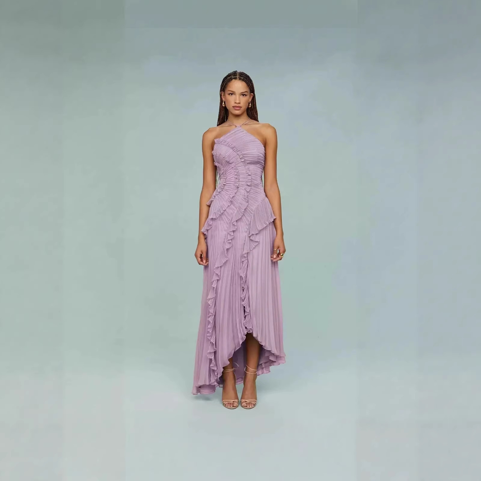 2026跨境欧美高端雪纺连衣裙 女荷叶边褶皱设计显瘦中长裙快时尚