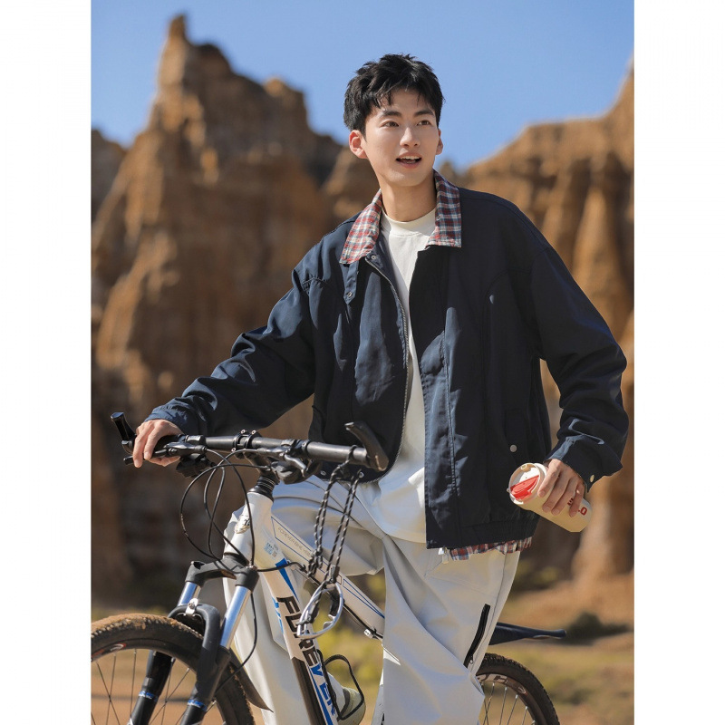 Boozimade American Fake Two-Piece Harrington Work Jacket Men's Spring and Autum Casual Flight Jacket for Boys