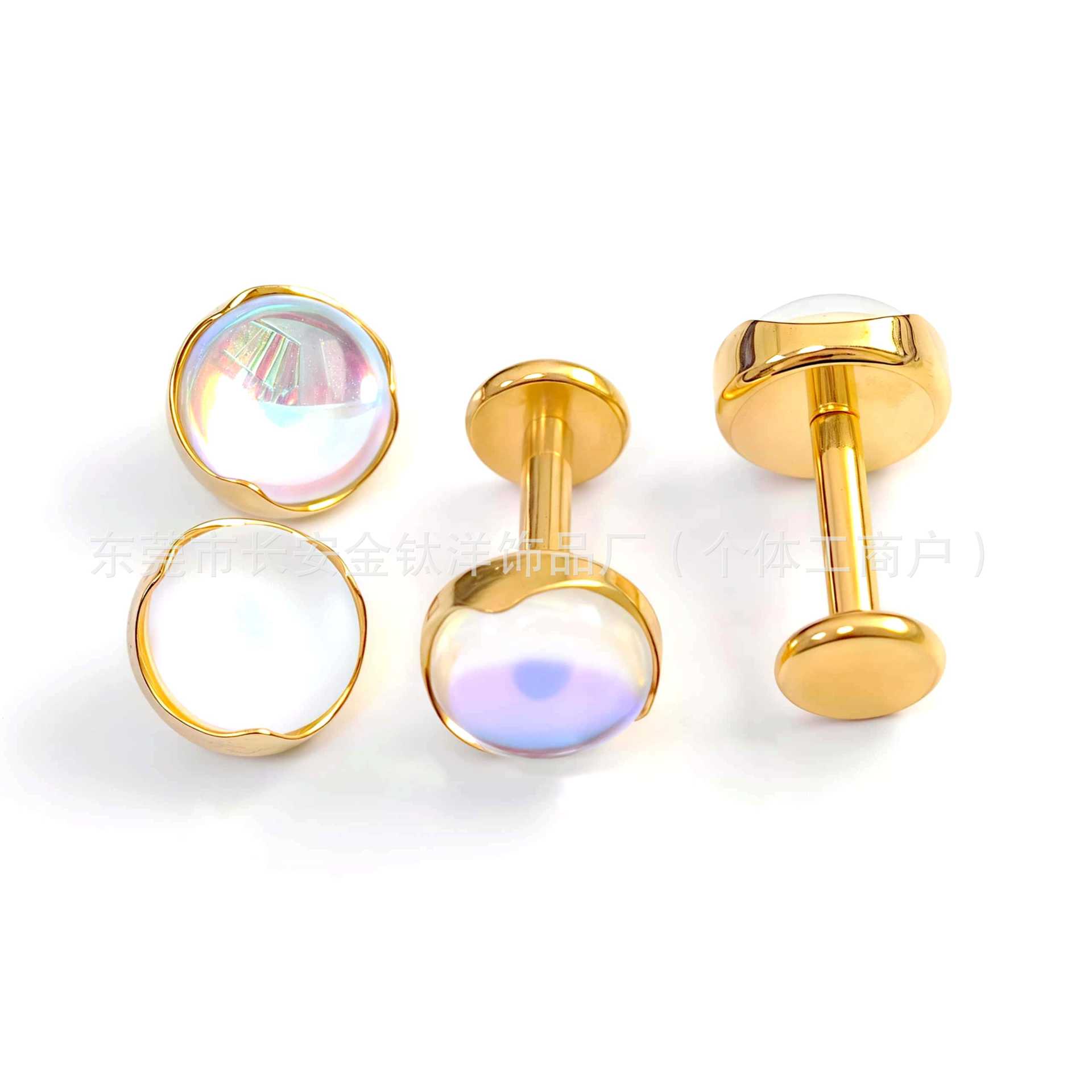 F136 Titanium 18K Gold-Plated Wavy Edge Moonstone Nose Lip Ear Stud Piercing Jewelry detail image 3