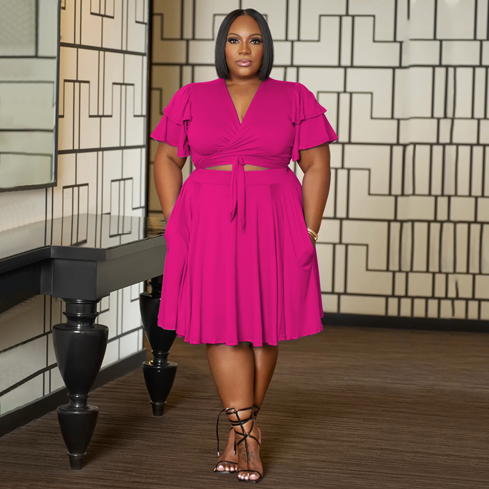 385g Weight Short Sleeve Sleeve Length Spandex Fabric Type Skirt Co-ord Set Sets Type 2 Pieces Set Quantity Daily Occasion V Neck Neckline Regular Fit Fit Type Solid Color Pattern Summer Season Pleated Design Casual Style Daily Casual Solid Color Spandex Pleated Skirt Co-ord Set Plus Size Two-piece Sets 16