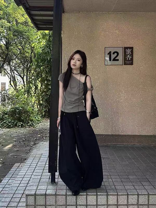 灰色扭结斜肩绑带小飞袖t恤女夏季设计感修身显瘦不对称短袖上衣|undefined