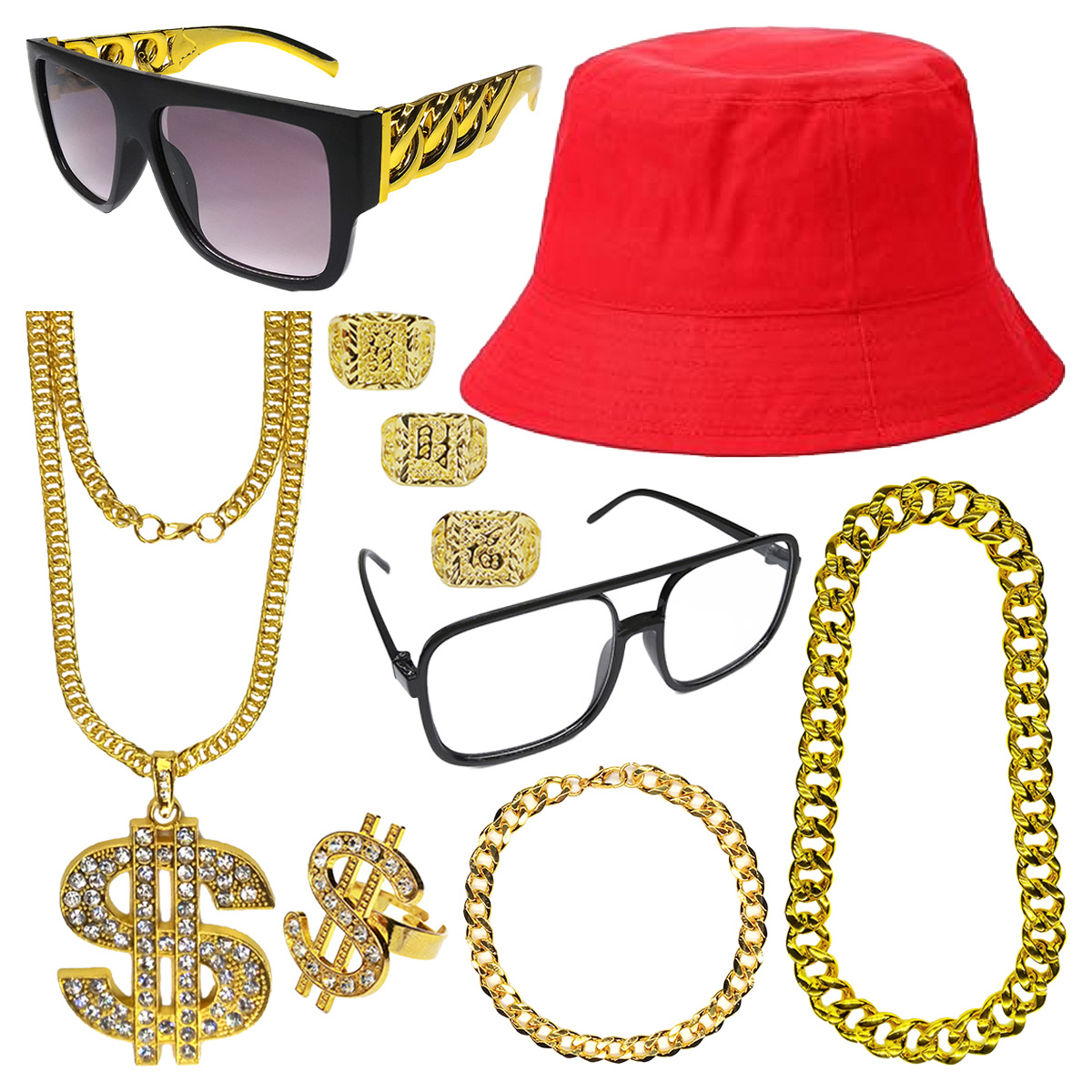 Hip-Hop collar de oro pulsera negro pescador sombrero explosivo gafas marco anillo de dólar vestido de baile conjunto