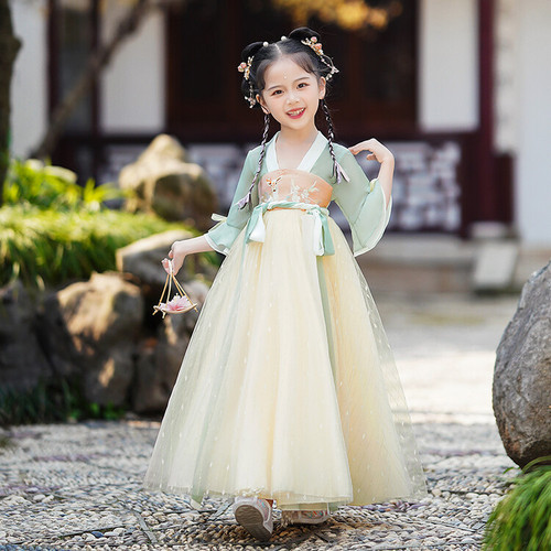Green Hanfu girls fairy Dresses children Chinese ancient folk costume outfit ancient princess queen cosplay ru skirts kimono 