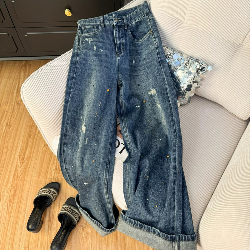 Distressed ink-splattered design jeans, wide-leg, loose, casual, versatile straight-leg wide-leg pants Distressed ink-splattered design jeans, wide-leg, loose, casual, versatile straight-leg wide-leg pants
