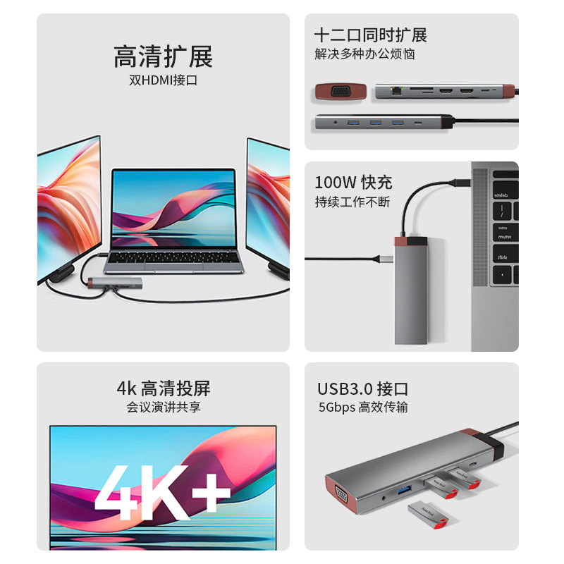 Seewei 12-in-1 Type-C Expansion Dock USB Hub Hub Dual HDMI Triple Screen Multi-Display Expansion Dock