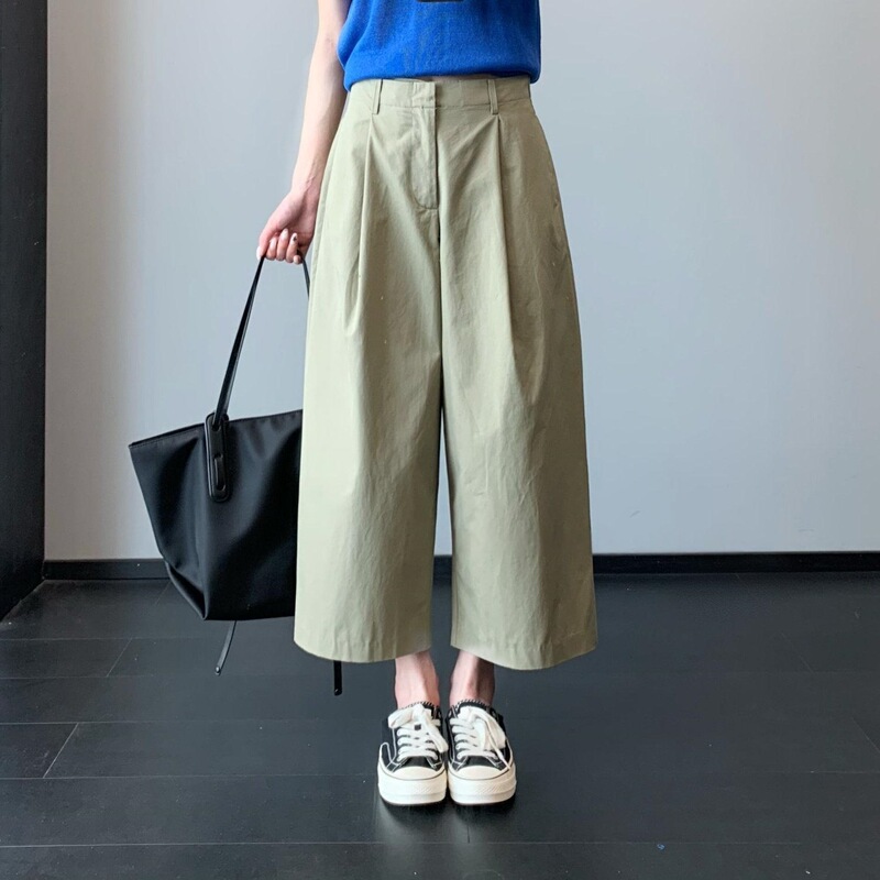 High-Density Long-Staple Cotton Suit Waist-Slimming Lantern-Style Cropped Wide-Leg Pants for Women, Summer H053012